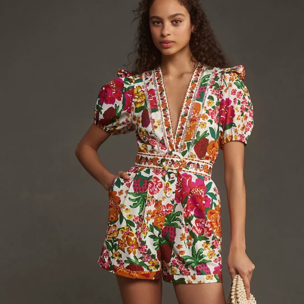 FARM Rio White Floral Cotton Romper with Pink, Orange & Green Florals - Picture 2 of 13